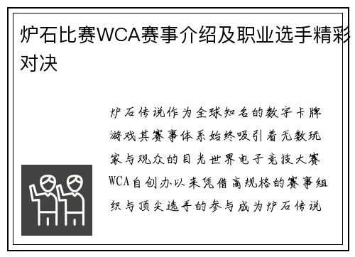 炉石比赛WCA赛事介绍及职业选手精彩对决