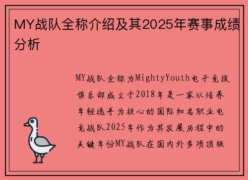 MY战队全称介绍及其2025年赛事成绩分析